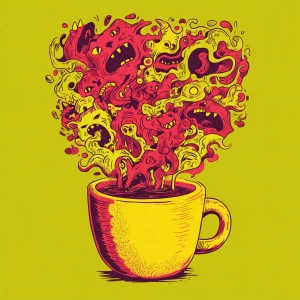 hand-drawn coffee cup overflowing with chaotic swirling steam tr...
