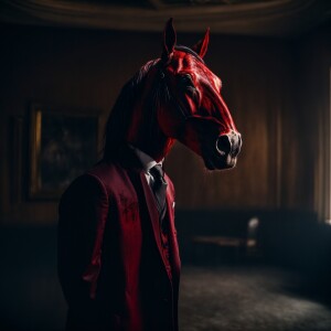 epic creepy eyeless humanoid horse, horror, blood, wearing a sui...