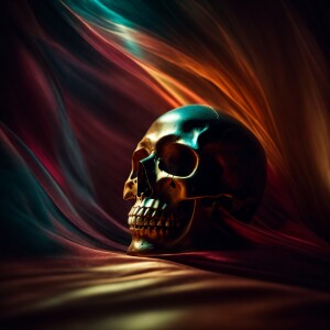 A skull partially emerging from shadows into a soft light, seeki...