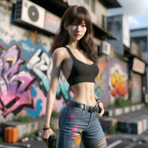 Athletic Thin skinny Attractive, Asian teenage girl, long brown hair and bangs, wearing tight skinny jeans and a halter top paint marks on her clothing, heroic pose Asian graffiti background