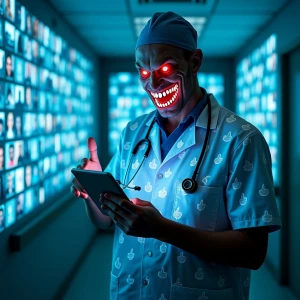 "A demonic Nurse, with burning eyes set in a menacing grin, wear...