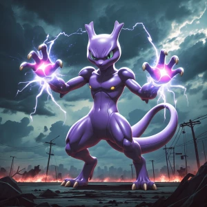 Design an image featuring Mewtwo, the Psychic-type Pokémon, in a...