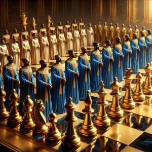 3-D realistic oil, painting,of a gold and black human chessboard...