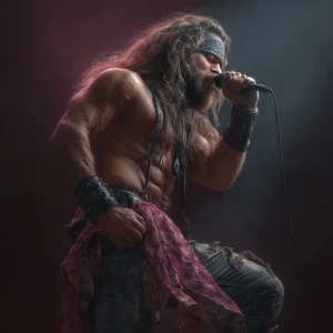 A rock singer on stage bodybuilder muscle long hair beard funky...