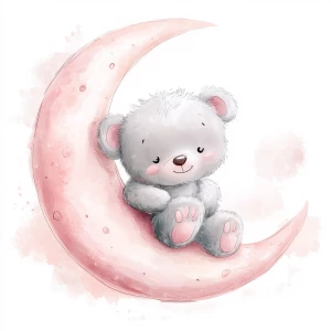 A cute, cartoon teddybear sits on a stylized, rosy-pink crescent moon. The teaddy bear is light gray with large, round, pink-spotted ears.  Its body is round and he has expressive eyes.  its facial expression is happy and friendly. The teddy bears legs and feet are visible, and its posture is relaxed, sitting, slumped into the moon. The moon is a soft, shaded pink, with watercolor-like texture and subtle shading. The background is white. The image is in a child-friendly style, showcasing delicate line work and color palettes. The composition is centered on the teddy bear which is positioned on the moon, giving the moon a hug with closed eyes. The overall style is sweet, whimsical, and reminiscent of children's book illustrations.  The colors are pastel and soothing, creating a gentle atmosphere.