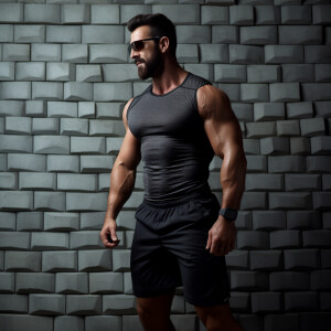 The image shows a muscular male figure from the waist up standin...