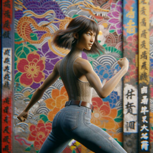 Athletic Thin skinny Attractive, Asian teenage girl, long brown hair and bangs, wearing tight skinny jeans and a halter top paint marks on her clothing, heroic pose Asian graffiti background, backside view