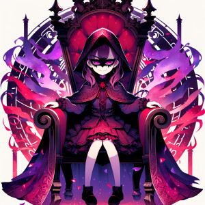 A girl named lilith wearing elegant gothic lolita dress  sitting on the thrones, red purple aura, smirk evil