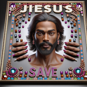 A 3D realistic artwork featuring the phrase 'Jesus Saves' adorne...
