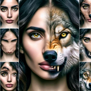 * "A woman's face transforming into a wolf's snout."