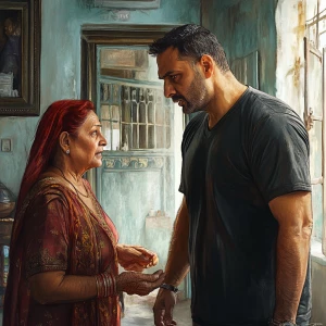 Realistic art 1:1,A muscular sweaty man talking to his 54 year o...