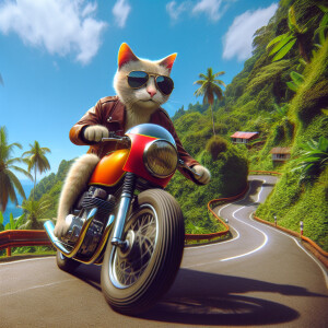A cat confidently riding a motorcycle down a winding road