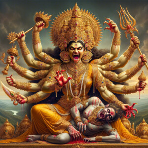 portrait of angry looking, four-armed indian goddess  sitting on a gold crown and carrying a weak mahishasur on her lap and poking his abdomen with her amazingly long red fingernails . She is wearing gold armor, a huge gold crown, gold saree, abundant  gold jewelry, covered in blood. The scene is set in ancient India. The image is 8K resolution, cinematic, photography, ultra detailed face and epic.