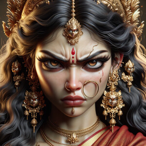 Side view portrait of extremely angry goddess durga. intricately detailed depiction of a goddess. gold jewelry all over body. sharp nose, light skin, beautiful brown eyes, wavy black hair, ultra detailed face. Wearing red saree, a lot of gold ear piercings, huge gold crown. uhd, hdr, 64k, epic, ultra detailed face, photography, 8k, UHD