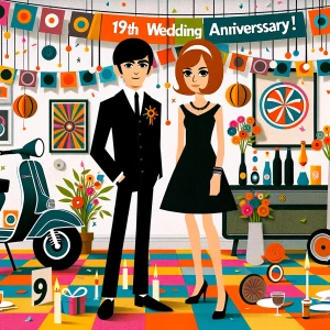 ‘Happy 19th Anniversary!’ Written
A 60s mod vibe with a tan male...