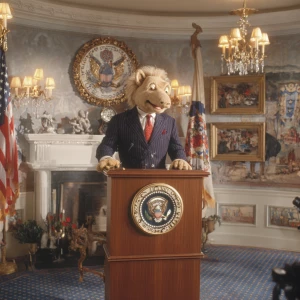 ALF Gordon Shumway dressed in a presidential suit, standing behi...