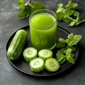 a black plate with various natural ingredients and a glass of fresh green juice. The ingredients include:

Indian Gooseberry (Amla) – The small greenish-yellow fruits at the bottom left. Amla is rich in Vitamin C and known for its health benefits, including boosting immunity and improving digestion.
Cucumber – A whole cucumber and several cucumber slices are on the right. Cucumbers are hydrating, rich in antioxidants, and help with detoxification.
Curry Leaves – The dark green leaves on the left side of the plate. Curry leaves are known for their digestive benefits and ability to improve hair and skin health.
Mint Leaves – The bright green leaves at the bottom of the plate. Mint is widely used for its refreshing taste and digestive benefits.
Green Juice – A glass of fresh green juice made from the ingredients on the plate. This juice is likely a detox drink with hydrating and immunity-boosting properties.
This type of juice is often consumed for its cooling effect, detox benefits, and to promote overall health. Would you like a recipe or more details about its benefits?