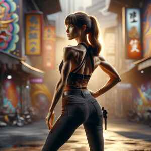 Athletic Thin skinny Attractive, Asian teenage girl, long brown hair and bangs, wearing tight skinny jeans and a halter top paint marks on her clothing, heroic pose Asian graffiti background, backside view