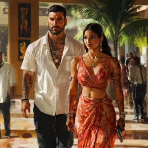 Realism style 1:1.A sweaty  man walking with his mother in law w...