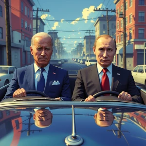 Biden and Putin take a ride in a car in gta art style