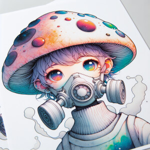 side profile portrait of little mushroom woman. Wearing a gas ma...