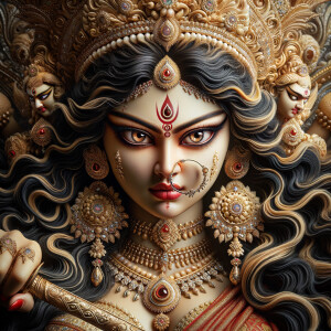 Portrait of gorgeous and angry goddess durga slaying mahishasur....