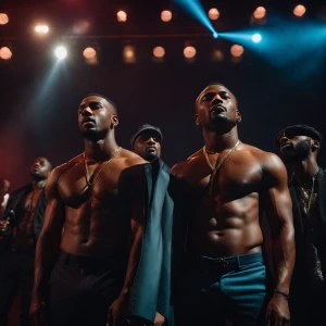 Two black men muscle sings on stage shirtless