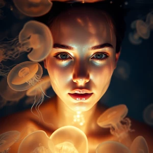 A submerged portrait of a person with perfect glass-like skin, s...