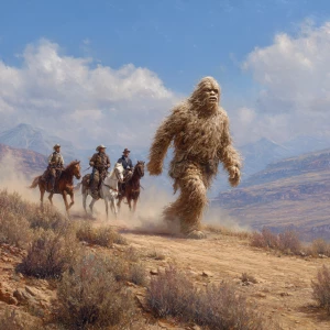 A humanoid looking hair covered sasquatch behind chased by 3 men...