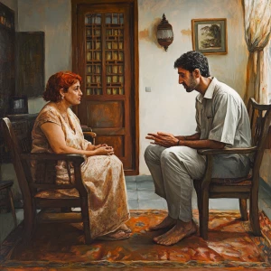 Realistic art 1:1, a muscular, perspiring man proposing marriage...