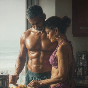 Hyperrealism.a muscular sweaty indian man standing behind and...