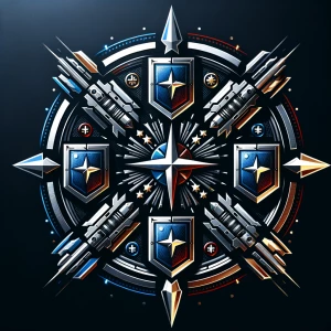 simple yet aggressive sci-fi militaristic faction logo named Lum...