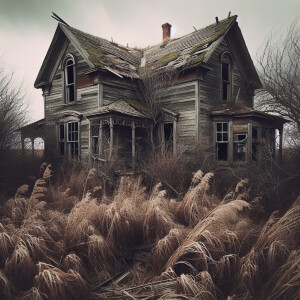 Abandonedfarmhousesurroundedbuhighgrassandbushes