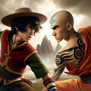 Luffy fighting Aang in a cinematic battle