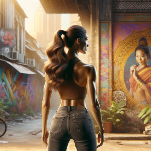 Athletic Thin skinny Attractive, Asian teenage girl, long brown hair and bangs, wearing tight skinny jeans and a halter top paint marks on her clothing, heroic pose Asian graffiti background, backside view