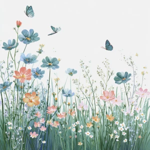 Wildflower field, butterflies flying, in vintage watercolor styl...