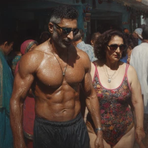 hyperrealism oil painting,a muscular beefy kashmiri man walking...