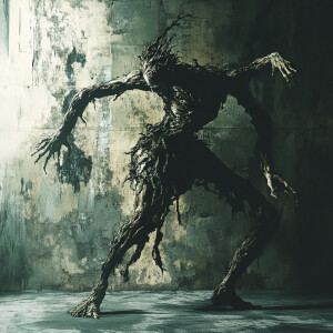 A surreal and hauntingly detailed depiction of a mutated and dis...