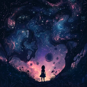 Create a 2D artwork featuring a girl encountering aliens in the...