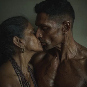 hyperRealism photo painting.a muscular sweaty indian man carin...