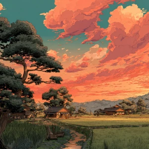 Japanese countryside during sunset Hokusai style