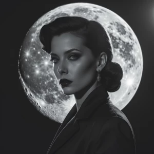 Ultra-realistic noir portrait of a mysterious woman on the moon,...