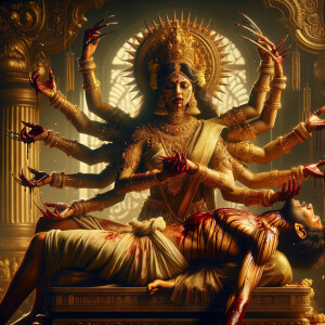 portrait of intense looking, four-armed indian goddess  sitting...