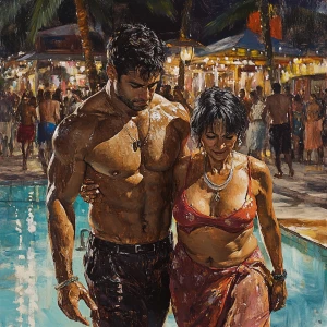 Fantasy painting,a muscular beefy sweaty man walking with his 51...