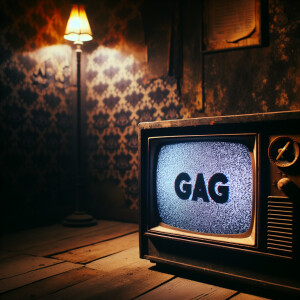 Eerie scene of a tube tv with the word “GAG” on the screen