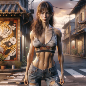 Athletic Thin skinny Attractive, Asian teenage girl, long brown hair and bangs, wearing tight skinny jeans and a halter top paint marks on her clothing, heroic pose Asian graffiti background, backside view