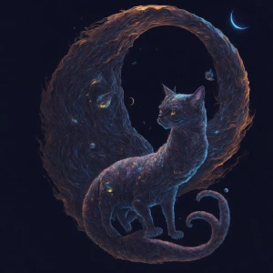 A surreal, ultra-detailed digital painting of a mysterious cat w...