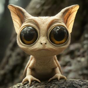 Create a photo of a mythical creatute with large round eyes in a...