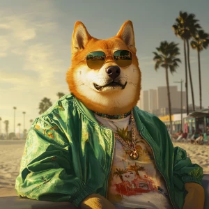 DOGE meme..make doge in a slick green jacket in a sunbeach, in G...