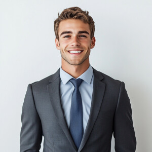 A man wearing a suit.

The Suit Color is gray 

The Tie Color is...